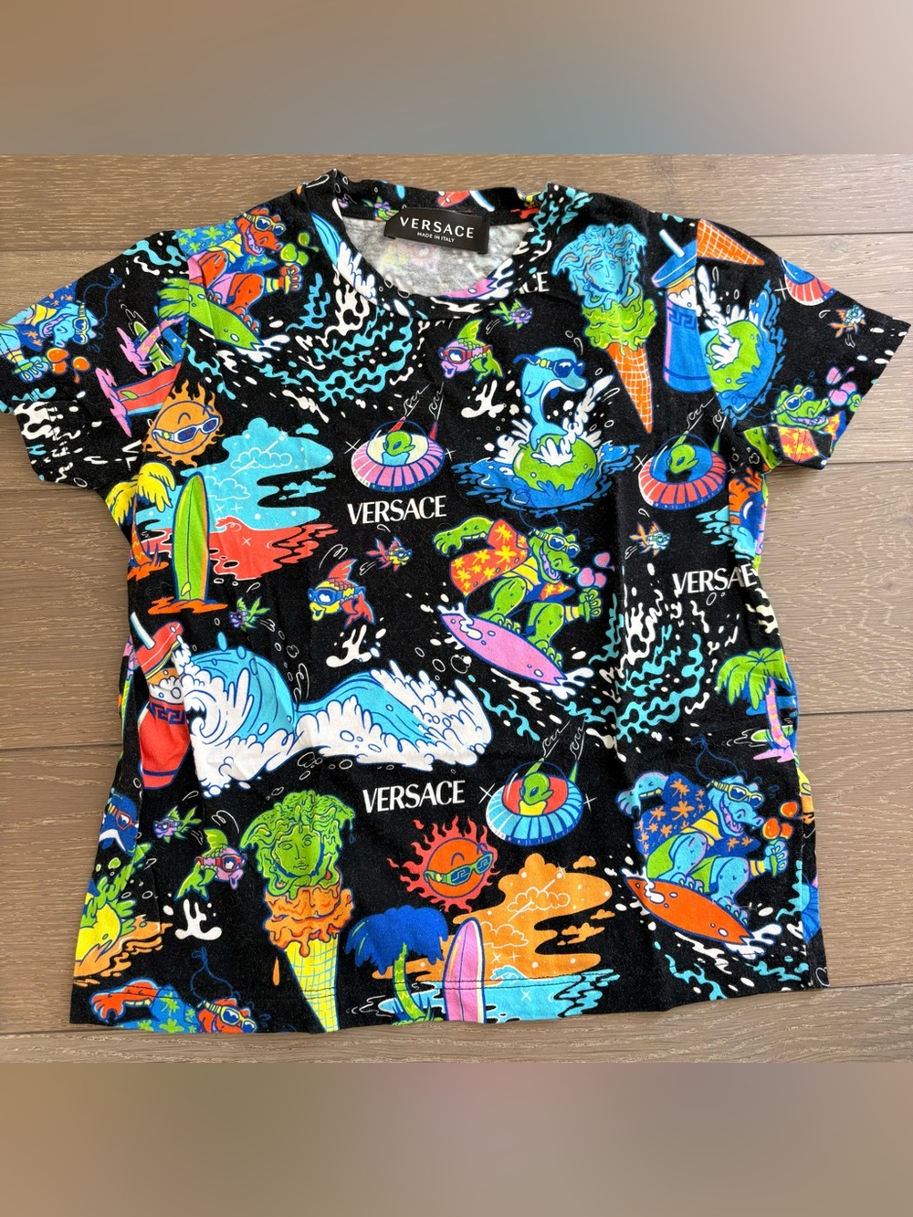 Versace Kids Black Multicolor Surf & Ice Cream Graphic Tee